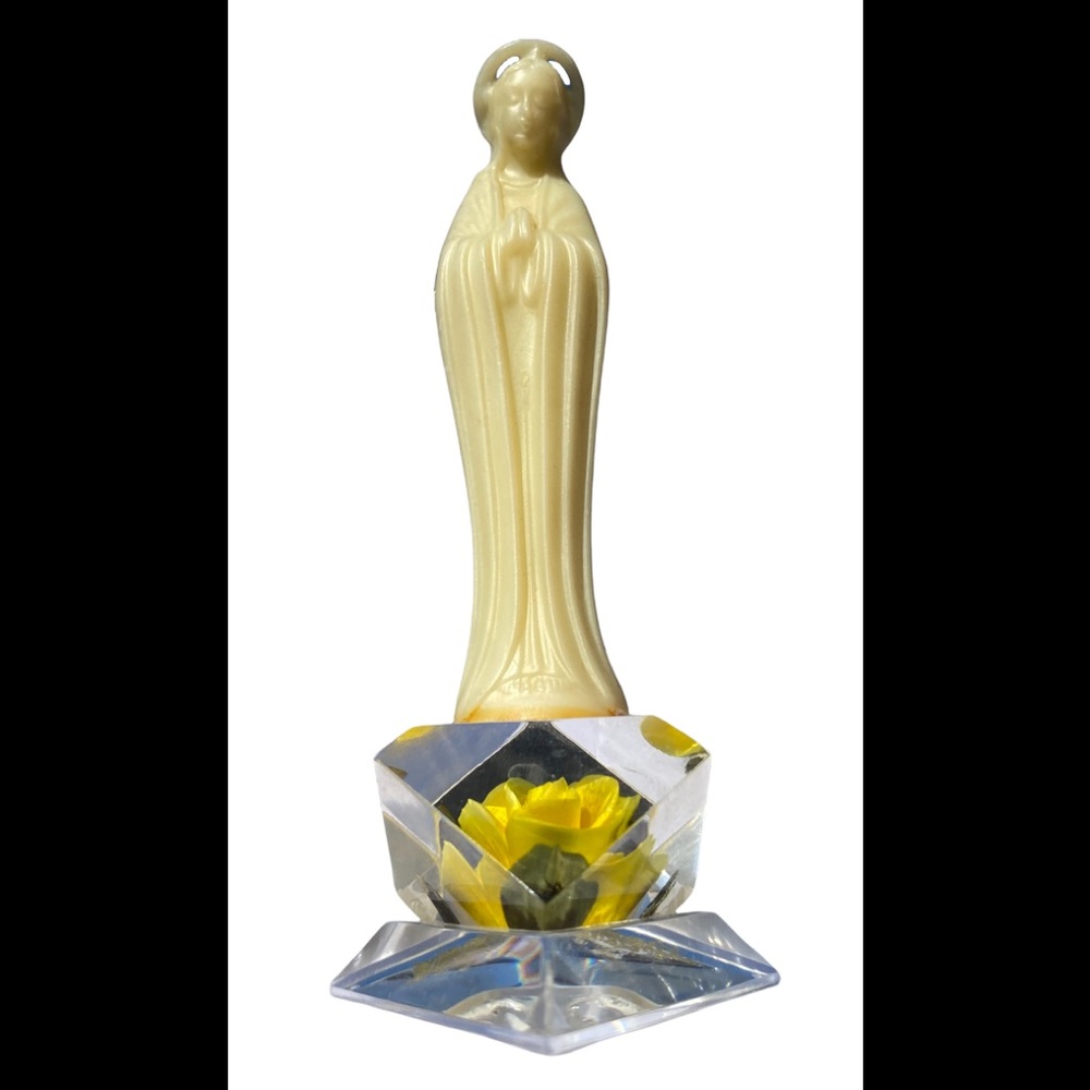 VTG Bircraft Plastic Praying Madonna Lucite Flower Base Hand Carved Yellow Rose